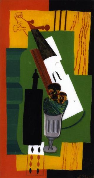 Violin, Bottle Flowers In A Glass And Eight Of Spades by Louis Marcoussis