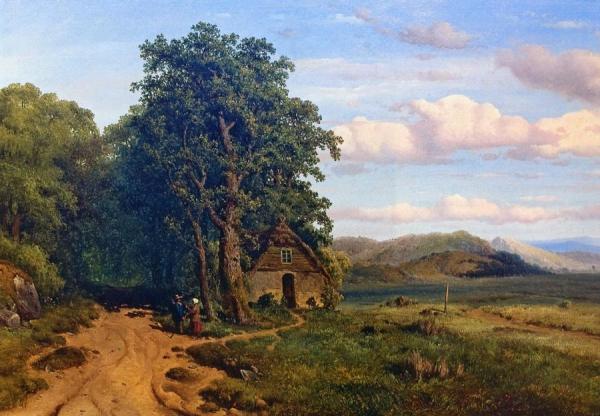 Louis Remy Mignot Two Figures On A Country Road Next To A Cottage