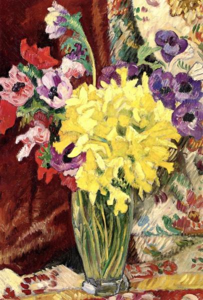 Anemones And Jonquils In A Crystal Vase by Louis Valtat