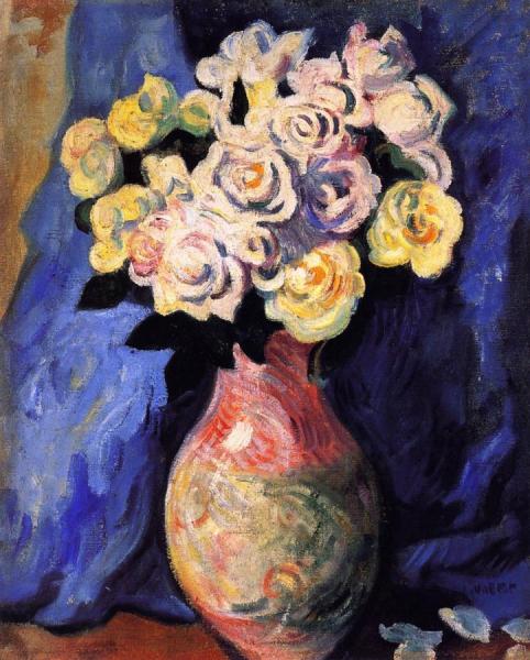 Bouquet Of Flowers On A Background Of Blue Drapery by Louis Valtat