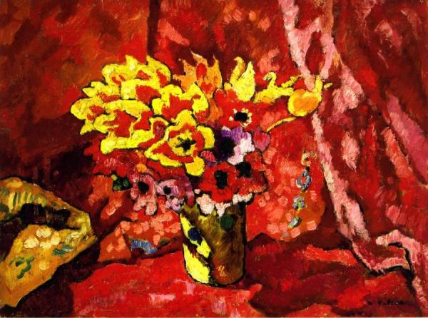 Bouquet Of Flowers On A Red Background by Louis Valtat