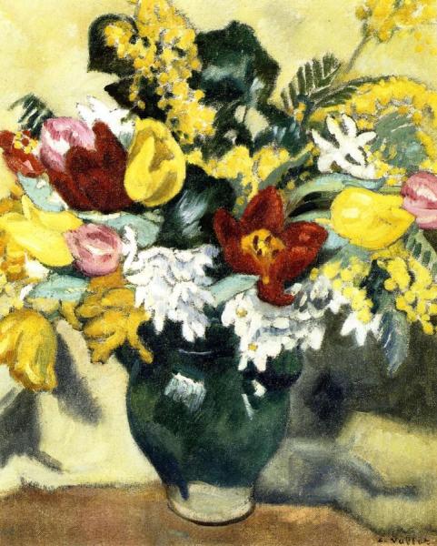 Green Pitcher, Tulips And Mimosas by Louis Valtat