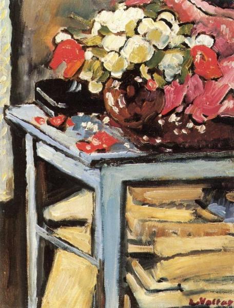 Interior With Bouquet And Books by Louis Valtat