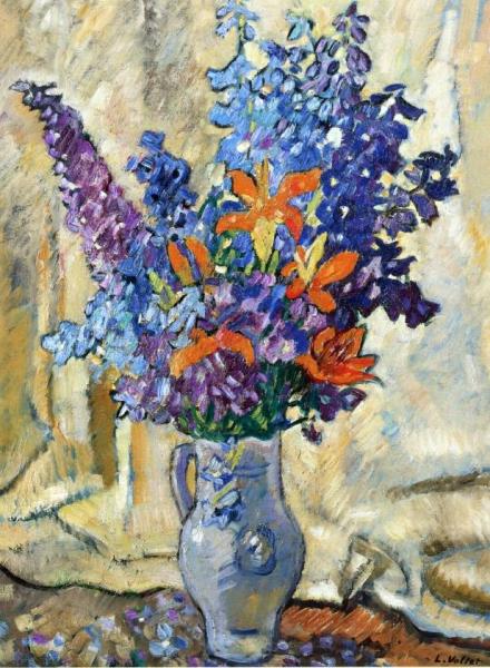 Lilies And Delphiniums Stoneware Pitcher by Louis Valtat Oil Painting Reproductions