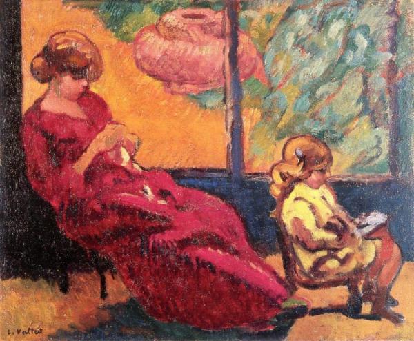 Madame Valtat Sewing And Her Son Jean by Louis Valtat