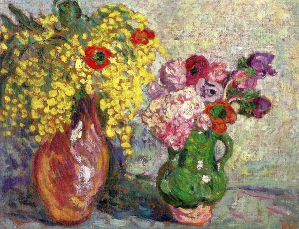 Mimosa And Anemones In A Green Pitcher by Louis Valtat