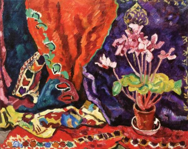 Pots Of Cyclamens With Curtains by Louis Valtat