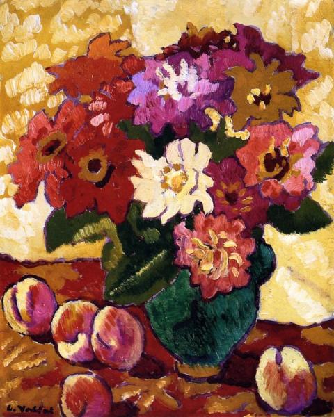 Still Life With Peaches And A Bouquet Of Flowers by Louis Valtat