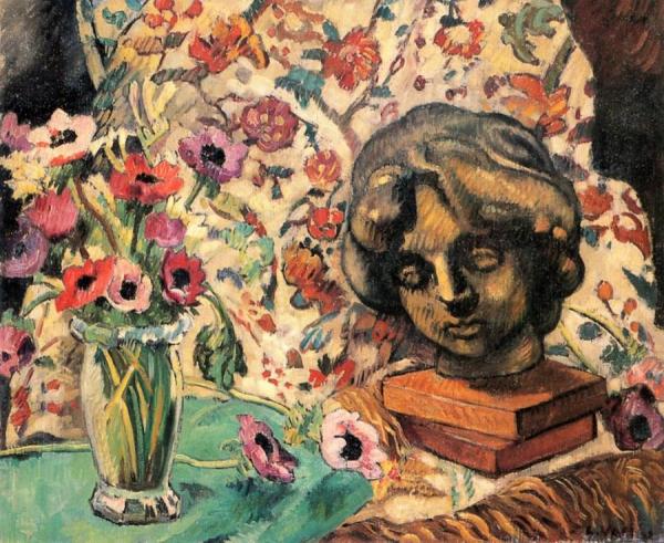 Vase, Anemones And Head Of Bronze by Louis Valtat