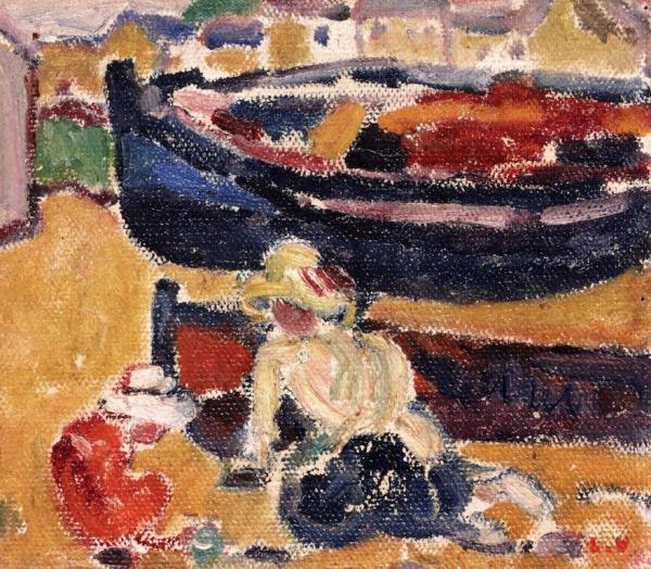 Woman And Child Playing In Front Of Boats by Louis Valtat