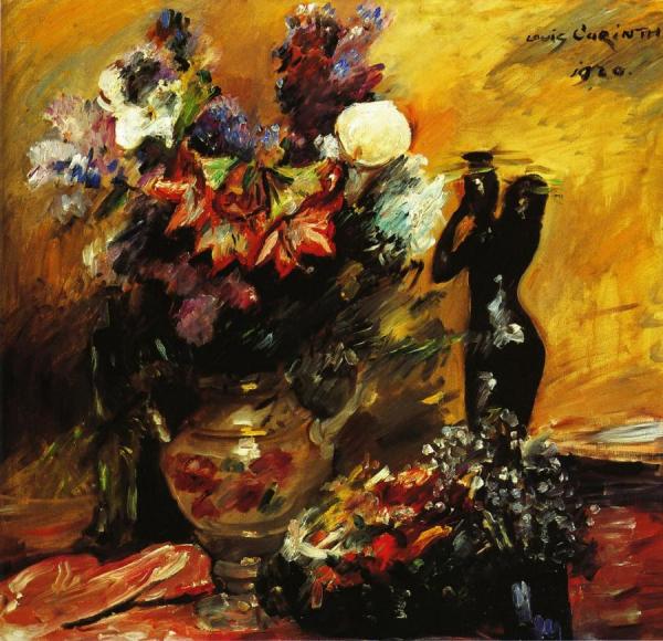 Calla Lilies And Lilacs With A Bronze Figurine by Lovis Corinth