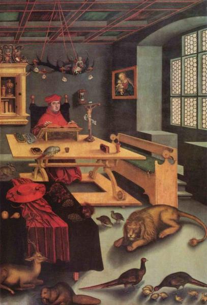Cardinal Albrecht Of Brandenburg As St Jerome In His Study by Lucas Cranach The Elder