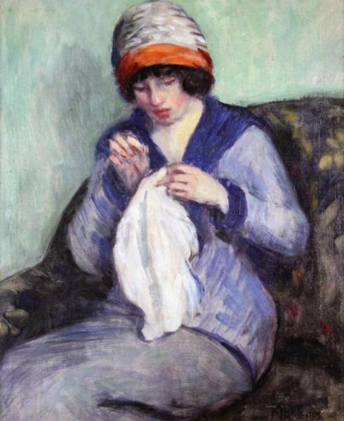 Girl Sewing by Lucien Abrams