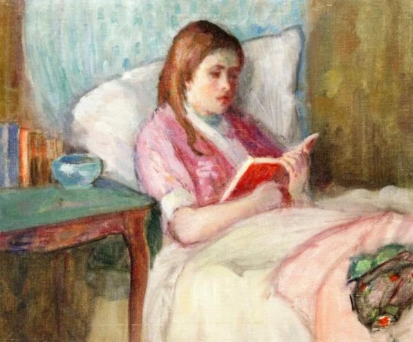 Young Woman Reading In Bed by Lucien Abrams Oil Painting Reproductions