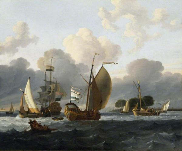A Dutch Yacht Before The Wind In A Harbour by Ludolf Bakhuizen