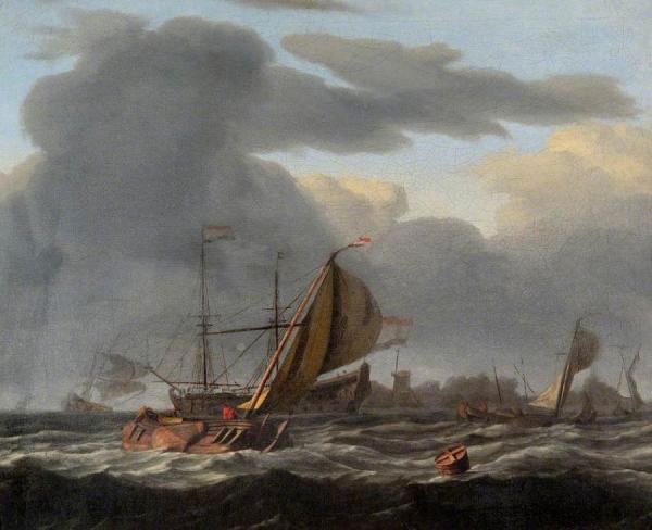 A Warship At Anchor In A Rough Sea by Ludolf Bakhuizen