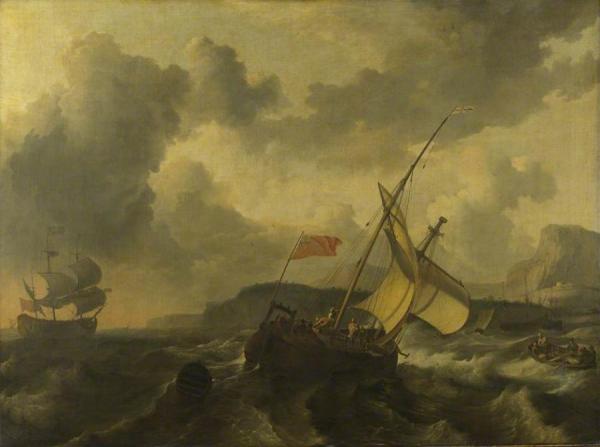 An English Vessel And A Man-of-war In A Rough Sea Off A Coast With Tall Cliffs by Ludolf Bakhuizen