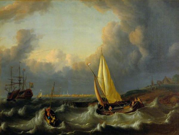 Seascape, Harbour With A Man Of War And A Small Craft by Ludolf Bakhuizen
