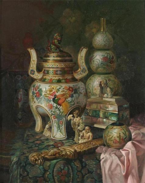 Ludwig Augustin Still Life With Oriental Ceramics On A Draped Table