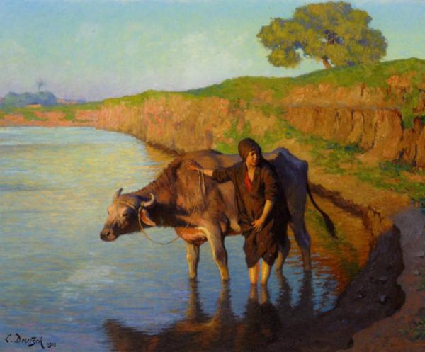 Young Girl With A Bull by Ludwig Deutsch