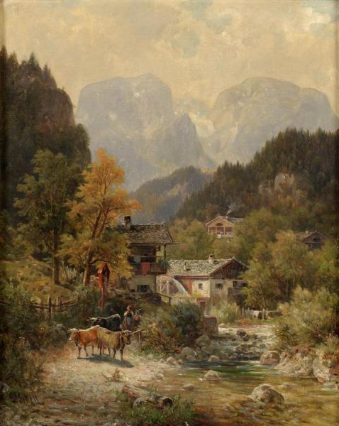 Alpine Landscape With Watermill by Ludwig Sckell