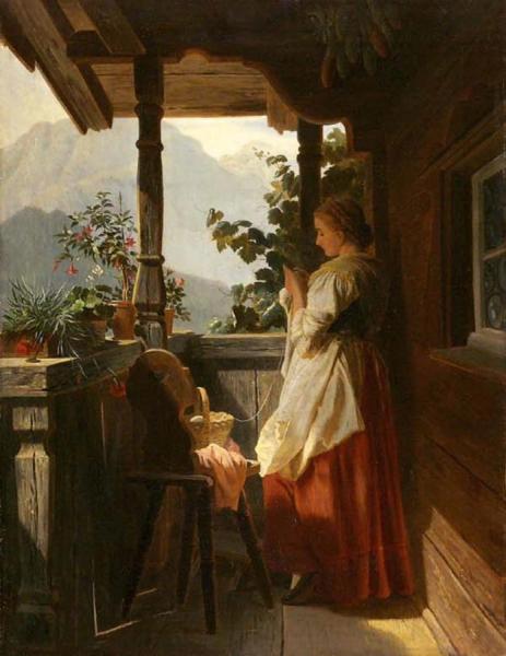 Girl Knitting On The Balcony by Ludwig Vollmar Oil Painting Reproductions