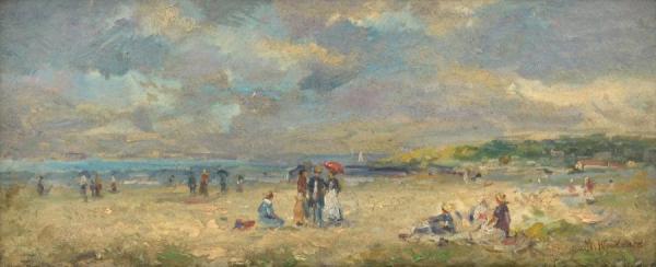 Beach Scene, Woman With A Red Parasol by Mabel May Woodward Oil Painting Reproductions