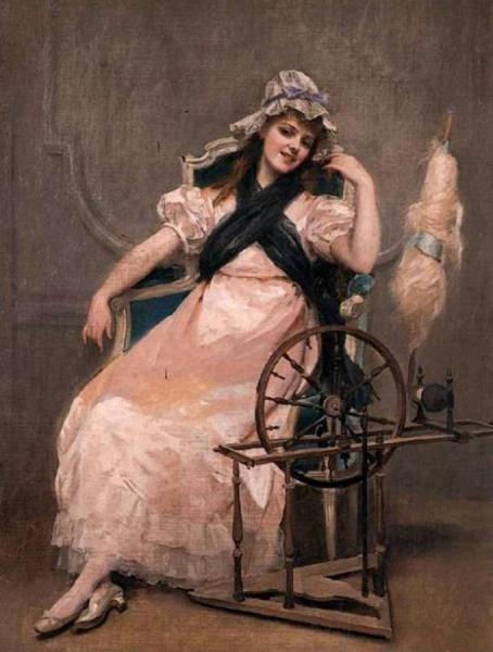 A Young Beauty At A Spinning Wheel by Madeleine Jeanne Lemaire