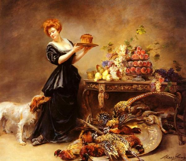 Allegorie De L'automne: La Duchesse De Gramont Presente Un Etalage De Fruits Et De Giber by Madeleine Jeanne Lemaire