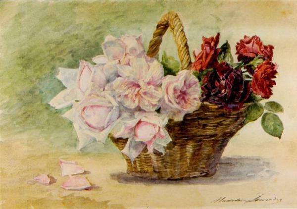 Basket With Roses by Madeleine Jeanne Lemaire Oil Painting Reproductions