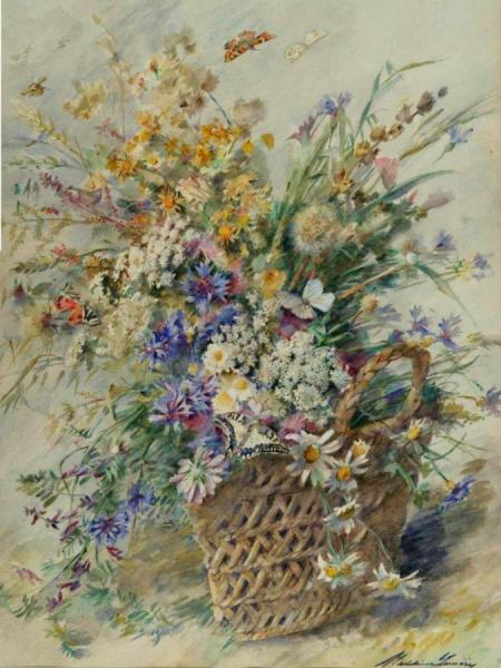 Large Still Life Of Wildflowers In A Basket With A Butterfly by Madeleine Jeanne Lemaire
