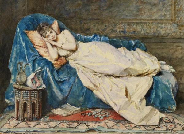 Young Lady Lying On A Blue Satin Robe by Madeleine Jeanne Lemaire