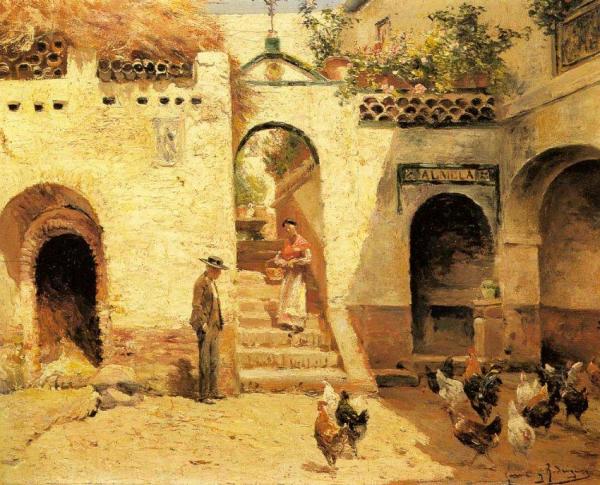 Feeding Poultry In A Courtyard by Manuel Garcia Y Rodriguez