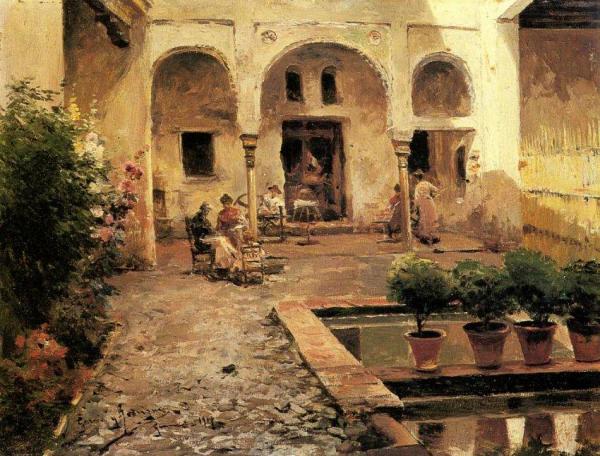 Figures In A Spanish Courtyard by Manuel Garcia Y Rodriguez Oil Painting Reproductions