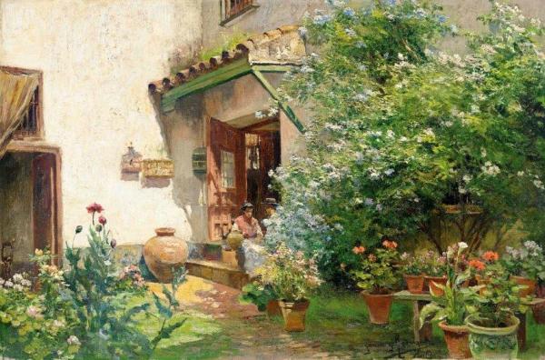 In The Courtyard by Manuel Garcia Y Rodriguez Oil Painting Reproductions