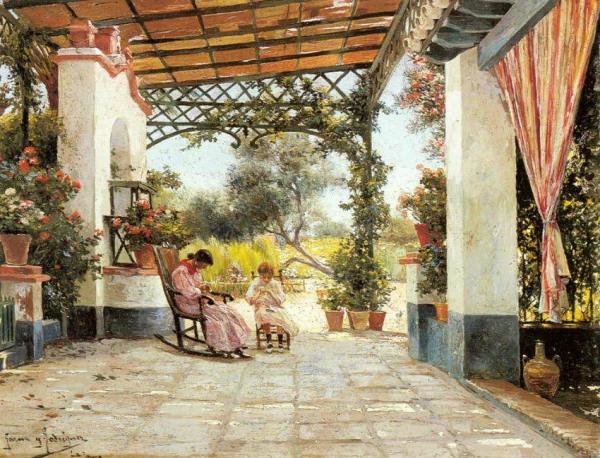 Mother And Daughter Sewing In A Patio by Manuel Garcia Y Rodriguez