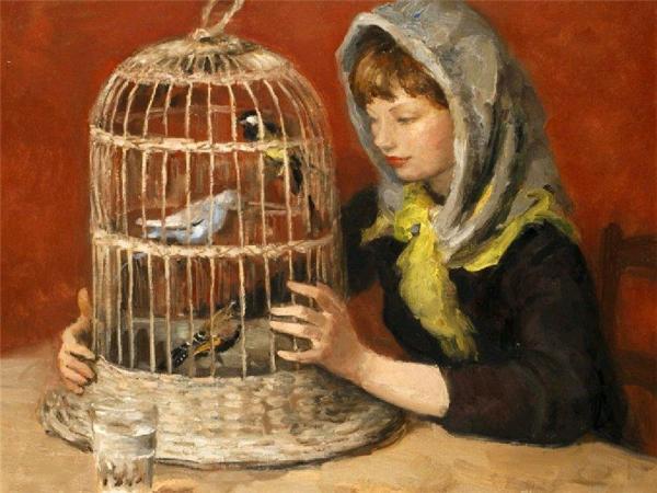 A Girl With A Birdcage by Marcel Dyf