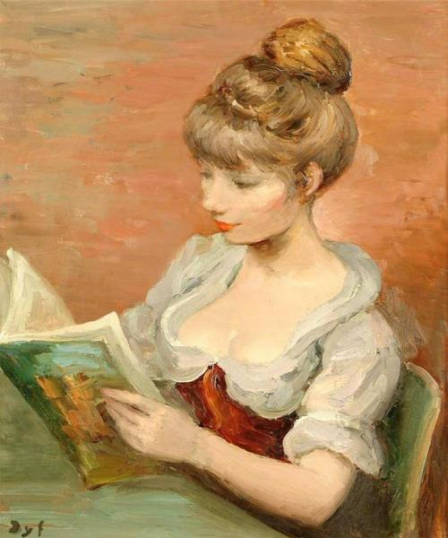 Claudine Reading In A Red Dress by Marcel Dyf
