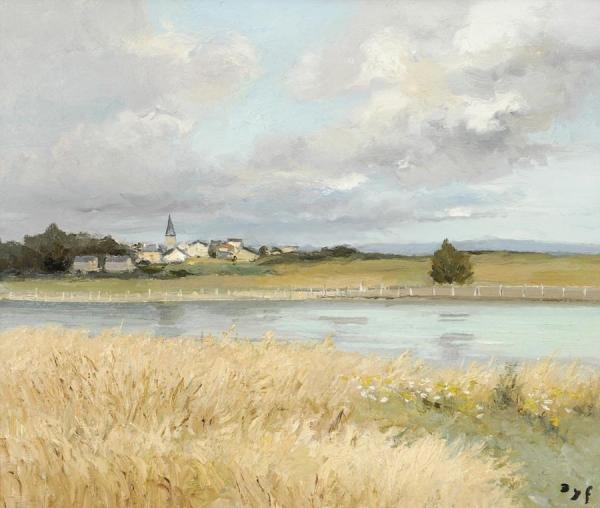 River Landscape With A Village In The Distance by Marcel Dyf