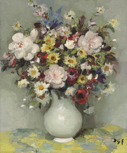 Roses, Anthemis, Daisies, Anemones, Blue Iris, Snapdragon In A Jug by Marcel Dyf Oil Painting Reproductions