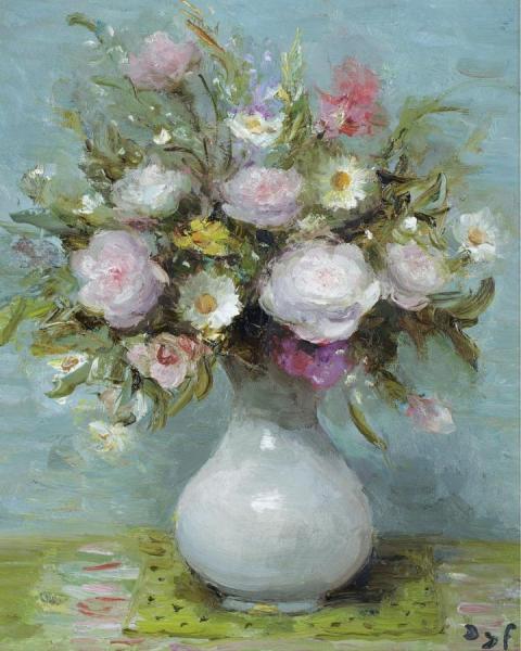 Roses In Opaline Vase by Marcel Dyf