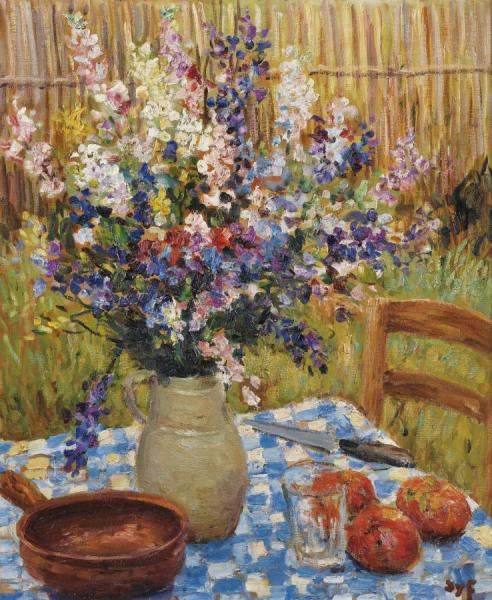 Still Life - Vase Of Flowers And Oranges by Marcel Dyf