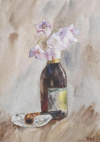 Sweet Peas In A Bottle, A Pipe Resting Beside by Marcel Dyf