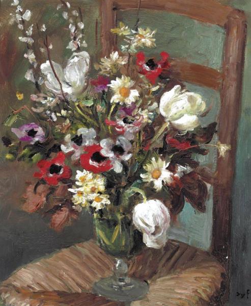 Tulips And Anemones On A Chair by Marcel Dyf