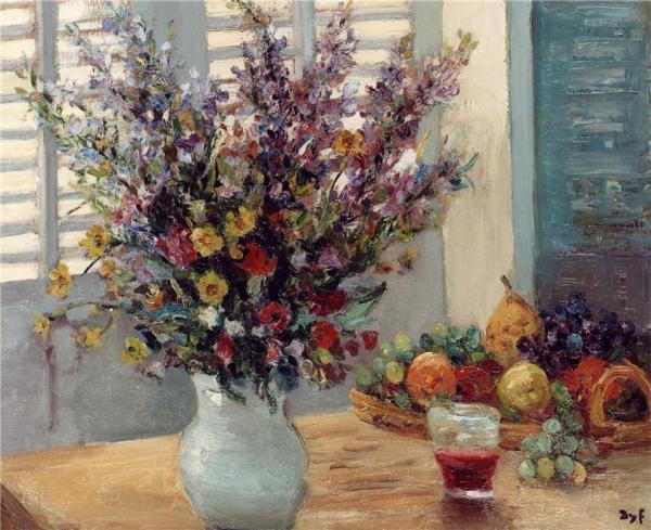 Vase Of Flowers And Fruit On A Table by Marcel Dyf
