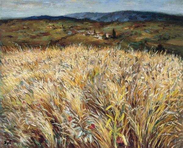 Wheat Field And Village In Provence by Marcel Dyf