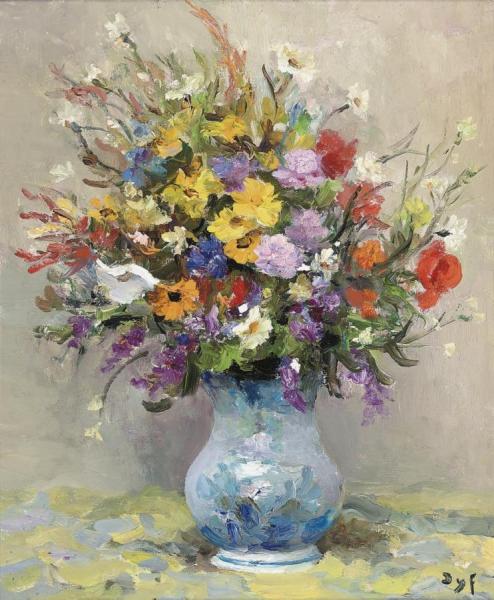 Wild Flowers On Yellow Table-cloth by Marcel Dyf
