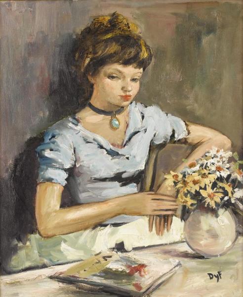 Young Girl By A Table With Flowers by Marcel Dyf