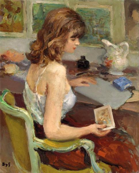 Young Woman With A Print Card by Marcel Dyf