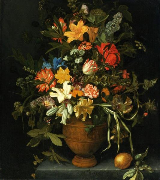 A Floral Still Life With Yellow And White Lilies, An Iris, A Sunflower, A Narcissus, Etc. by Maria Van Oosterwijck